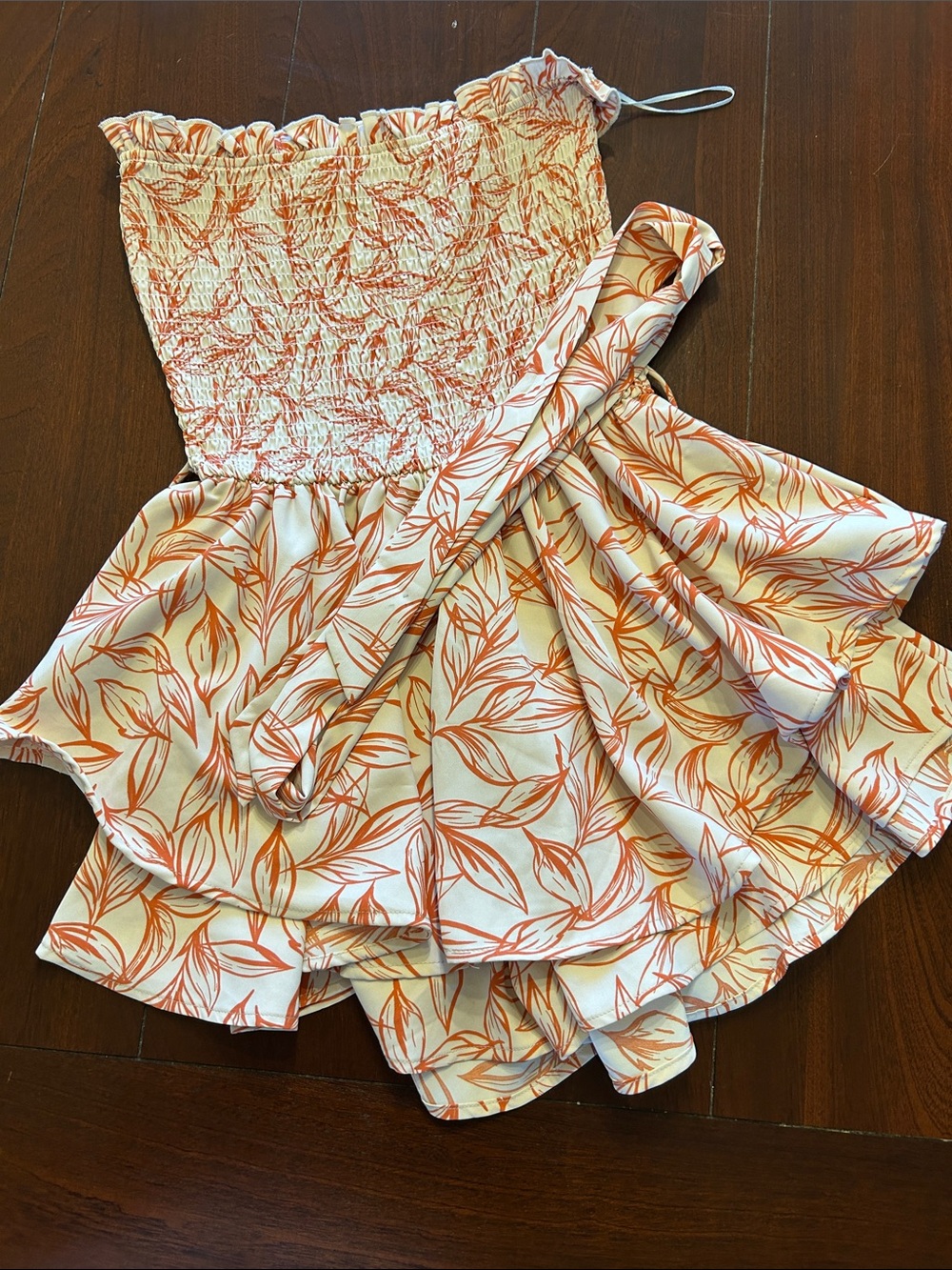 Orange Leaf-Print Ruffled Strapless skort Dress